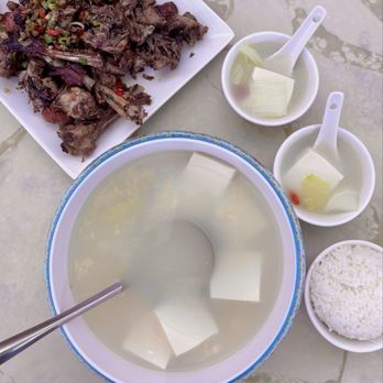Bloom & Vine - Salt & Pepper Crispy Duck Bone 椒盐鸭架 ($12) + Tofu & Cabbage Duck Bone Soup 豆腐白菜鸭汤 ($12) - Asian Fusion Near Me - Mountain View, California