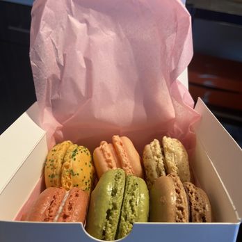 Le Macaron French Pastries - Box of 6 Left to right row 1: mango, Rose, tiramisu Left to right row 2: red velvet, pistachio, Belgium chocolate - Coffee & Tea Near Me - Atlanta, Georgia Le Macaron French Pastries - Box of 6 Left to right row 1: mango, Rose, tiramisu Left to right row 2: red velvet, pistachio, Belgium chocolate - Coffee & Tea Near Me - Atlanta, Georgia