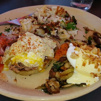Snooze, an A.M. Eatery - Chili Verde and Winter Bunny Benedicts with a Sweet Potato pancake. OMG!! Delicious! - Breakfast & Brunch Near Me - Gilbert, Arizona