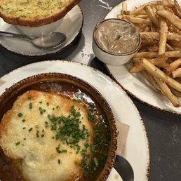 French onion soup, tomato soup, and truffle fries.