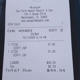 October 1st 2024 martini drink price receipt with Tito's October 1st 2024 martini drink price receipt with Tito's