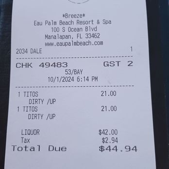 Polpo Palm Beach - October 1st 2024 martini drink price receipt with Tito's - Italian Near Me - Manalapan, Florida Polpo Palm Beach - October 1st 2024 martini drink price receipt with Tito's - Italian Near Me - Manalapan, Florida
