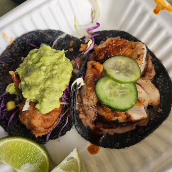 Villas Tacos - Fried shrimp taco on the left made for a 6 year old and original grilled Mahi taco on the rt. - Mexican Near Me - Los Angeles, California