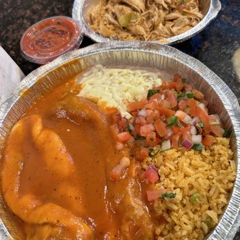Casa Grande Mexican Restaurant - Chile poblano dinner with a side of shredded chicken (this was a takeout order) - Mexican Near Me - Concord, North Carolina