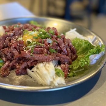 Korean Spring BBQ - App #9 - Yuk Hwe: Raw Beef w/ Asian pear, raw yolk ($27.99) - Korean Near Me - Santa Clara, California
