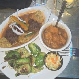 Meatballs, brussel sprouts, candid yams