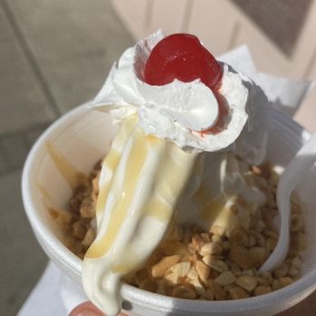 The Dipper - SMALL sundae w/everything - caramel, whipped cream, nuts, and cherry $3 - Ice Cream & Frozen Yogurt Near Me - Cincinnati, Ohio