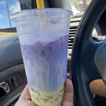 Tea Time Hawaii - Tall iced Taro, condensed milk,large boba and coconut lychee - Coffee & Tea Near Me - Hilo, Hawaii