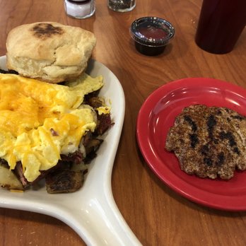 HangOverEasy - Corned beef hash with scrambled eggs, biscuit, and sausage patty - Breakfast & Brunch Near Me - Columbus, Ohio