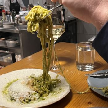 Emmer & Rye - Tajarin (Piedmontese tagliatelle) with basil pesto, pecorino, and pecan-sourdough breadcrumbs. - Tapas/Small Plates Near Me - Austin, Texas Emmer & Rye - Tajarin (Piedmontese tagliatelle) with basil pesto, pecorino, and pecan-sourdough breadcrumbs. - Tapas/Small Plates Near Me - Austin, Texas