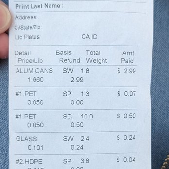 Ponce Recycling - Receipt for Plastic #1, plastic #2, glass, and aluminum. - Recycling Center Near Me - Mission Viejo, California Ponce Recycling - Receipt for Plastic #1, plastic #2, glass, and aluminum. - Recycling Center Near Me - Mission Viejo, California