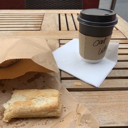 Oat latte, vegan sausage roll and scone