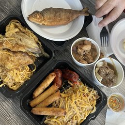 Fried Eggplant, Pancit, Lumpia, Longanesa, Pork Abobo, Beef Steak and fried fish