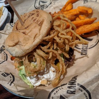 Circle 7 Ranch - The G.O.A.T burger (two beef patties, avocado, onion straws, goat cheese, cheddat, Serrano Apple butter BBQ) with sweet potato fries - Burgers Near Me - St. Louis, Missouri