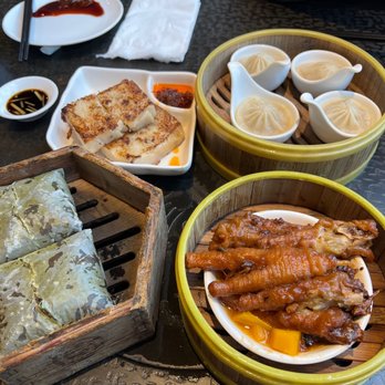 Dragon Beaux - Left to right: abalone sticky rice in lotus leaf, fried daikon cake, XLB, chicken feet in black bean sauce - Dim Sum Near Me - San Francisco, California