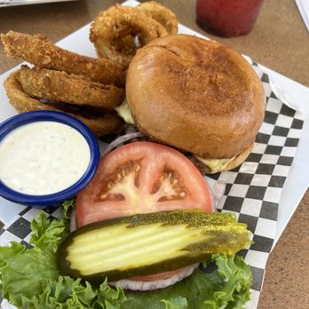 Joe's Farm Grill - Farm Burger with onion rings - American Near Me - Gilbert, Arizona