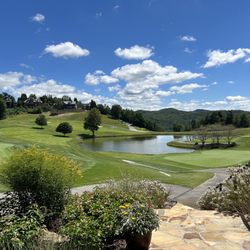 Waterfall Country Club - View from grille patio of putting green and 18th green