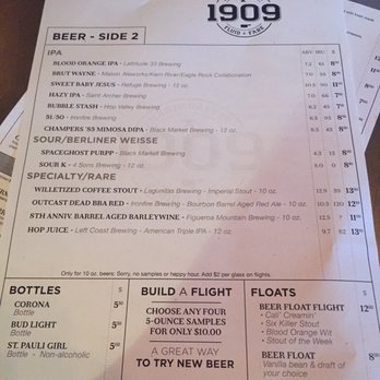1909 - Menu - Bars Near Me - Temecula, California