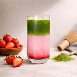 Leaf N Cream - Strawberry Matcha Latte - a  refreshing blend of real strawberry fruits and ceremonial matcha results a balance of sweet and earthy flavors.