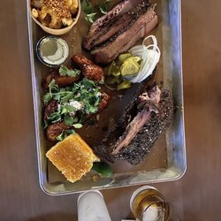 Hometown Bar-B-Que - Smoked Wings, Mac and Cheese, Beef Rib, 1/2 Brisket, 1pc cornbread, and lastly, a Woodford on the rocks and a Mezcal Grapefruit Cocktail