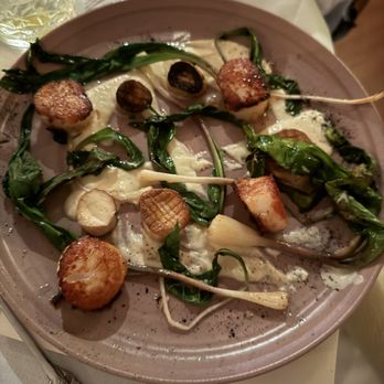 The Sweet Life - Seared Scallops - wild ramps, king trumpet mushrooms, salt cod celeriac bisque - New American Near Me - Oak Bluffs, Massachusetts