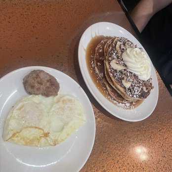 Another Broken Egg Cafe - Bourbon street pancakes with a side of eggs and home made sausage - Breakfast & Brunch Near Me - Burbank, California