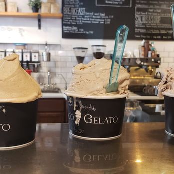 EscoGelato - Three small gelatos: pumpkin,coffee cookie , strawberry with chocolate - Coffee & Tea Near Me - Escondido, California