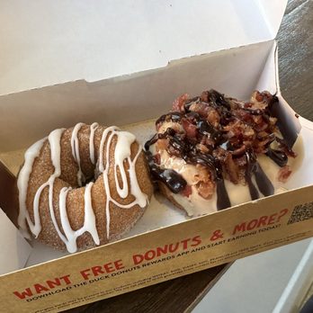 Duck Donuts - Cinnamon Bun and Maple Icing w/ Chopped Bacon & Chocolate Drizzle - Donuts Near Me - Chesterfield, Missouri