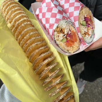 Langostino Sushi Burrito - The Original Twisted Potato w/ Garlic Parmesan, Ponzu Salmon Burrito - Food Trucks Near Me