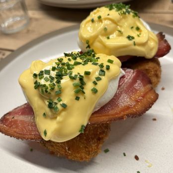 Ozone Coffee - Eggs Benedict with belly bacon. - Coffee & Tea Near Me - London, XGL