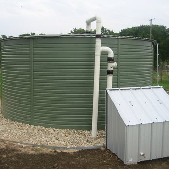 Innovative Water Solutions - 10,000 gallon Pioneer Water Tank used in rainwater collection system for irrigation/potable water supply - Landscaping Near Me - Austin, Texas