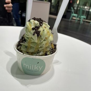 Milky Cereal Bar - Since they were out of "We're a perfect matcha", they made us a green tea + frosted flakes swirl :) too yummy!! - Ice Cream & Frozen Yogurt Near Me - Kapolei, Hawaii
