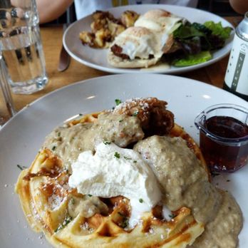Winkel - Waffle w/ Chicken braised & fried, scrapple gravy, maple syrup - Breakfast & Brunch Near Me - Philadelphia, Pennsylvania