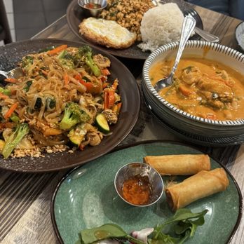 Rice Barn - Pad Thai with no protein, egg rolls, Panang curry, and spicy chicken basil fried rice. We did level 3 spicy and all dishes were excellent!! - Thai Near Me - Fresno, California Rice Barn - Pad Thai with no protein, egg rolls, Panang curry, and spicy chicken basil fried rice. We did level 3 spicy and all dishes were excellent!! - Thai Near Me - Fresno, California