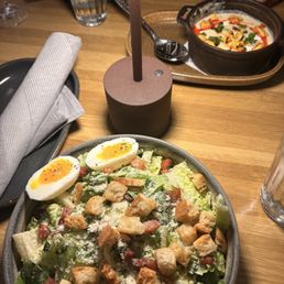 Caesar salad and sweet corn soup