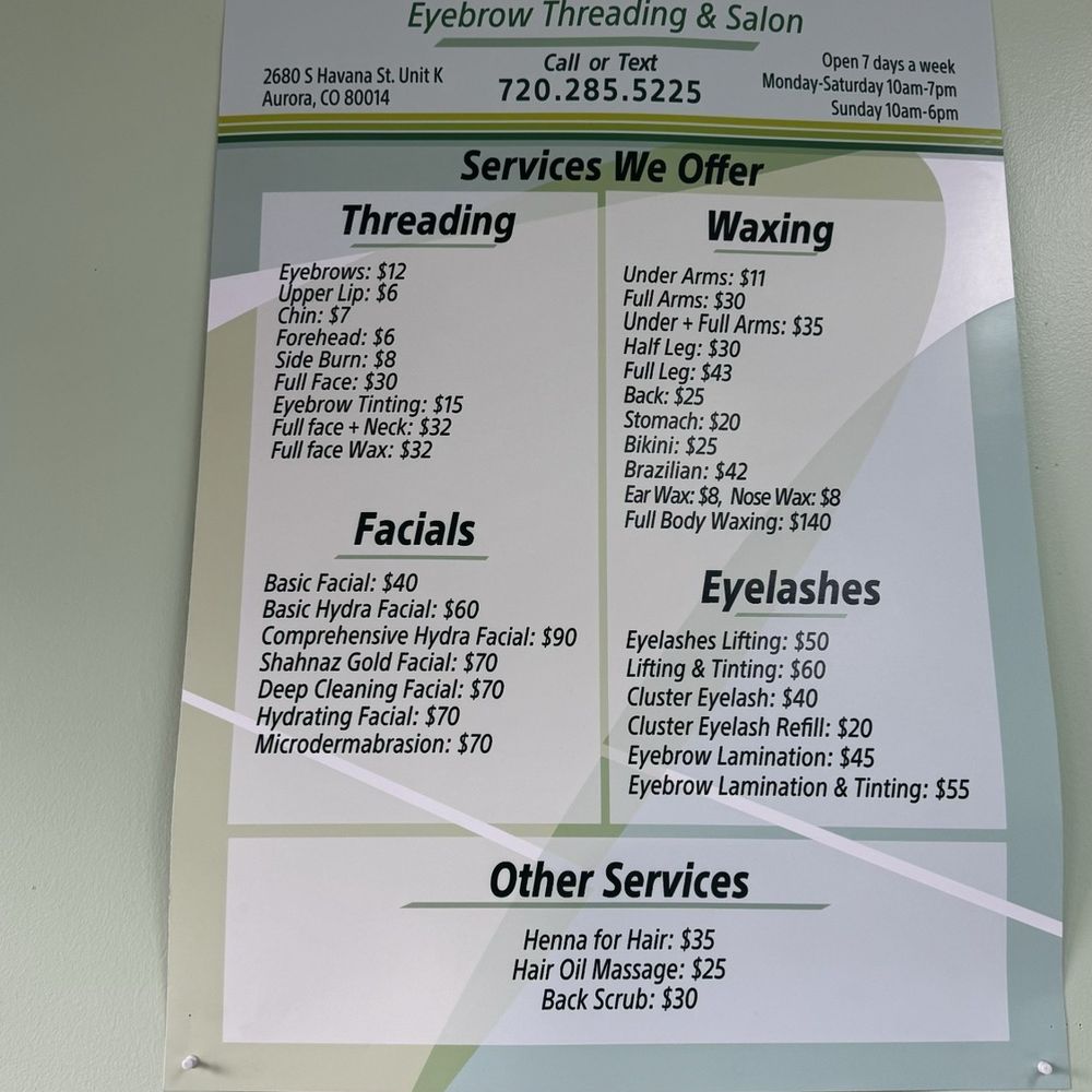 iThread Eyebrow Threading and Salon - Their services and cost - Eyebrow Services Near Me - Aurora, Colorado