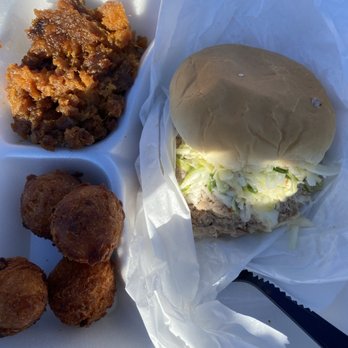 Currituck BBQ - Pork Bbq Sandwich with slaw added, Hushpuppies, Sweet Potato Casserole - Barbeque Near Me - Barco, North Carolina