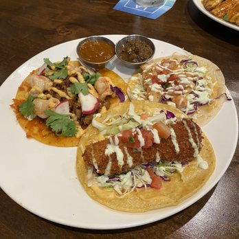 Captains Grill - Upland - Taco trio: panko crusted cod, grilled shrimp and surf n turf. SO GOOD! - Seafood Near Me - Upland, California
