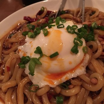 Chinatown Restaurant - Sichuan udon noodles with ground pork and a poached egg on top.  Authentic spices--excellent! - Chinese Near Me - Winchester, Virginia