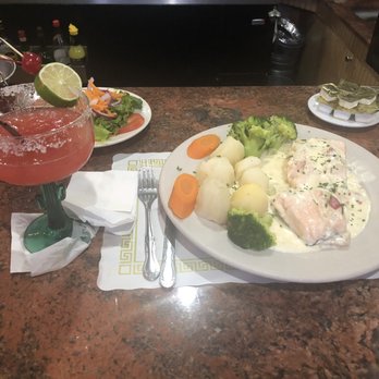 Cafe Liz - Margarita. Salad. Grilled salmon in white sauce with vegetables. - Portuguese Near Me - Philadelphia, Pennsylvania