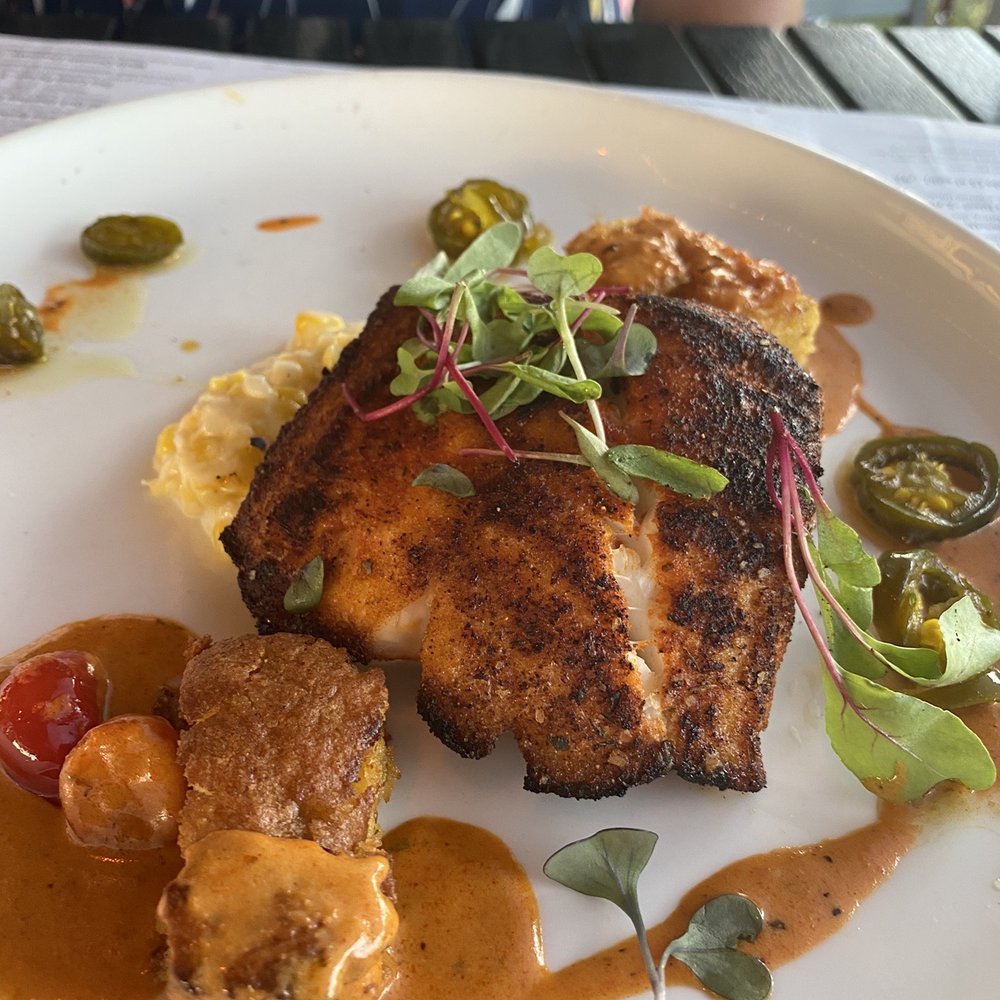 Fins At Sharky's - Blackened Snipper with spicy jalapeño aioli sauce - Steakhouses Near Me - Venice, Florida Fins At Sharky's - Blackened Snipper with spicy jalapeño aioli sauce - Steakhouses Near Me - Venice, Florida