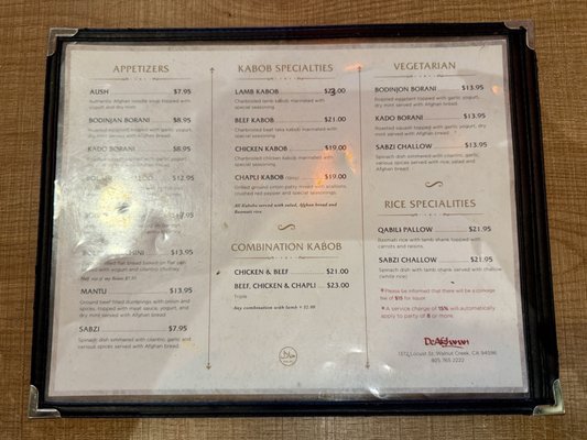 Menu photo 1 De Afghanan Kabob House Walnut Creek, CA