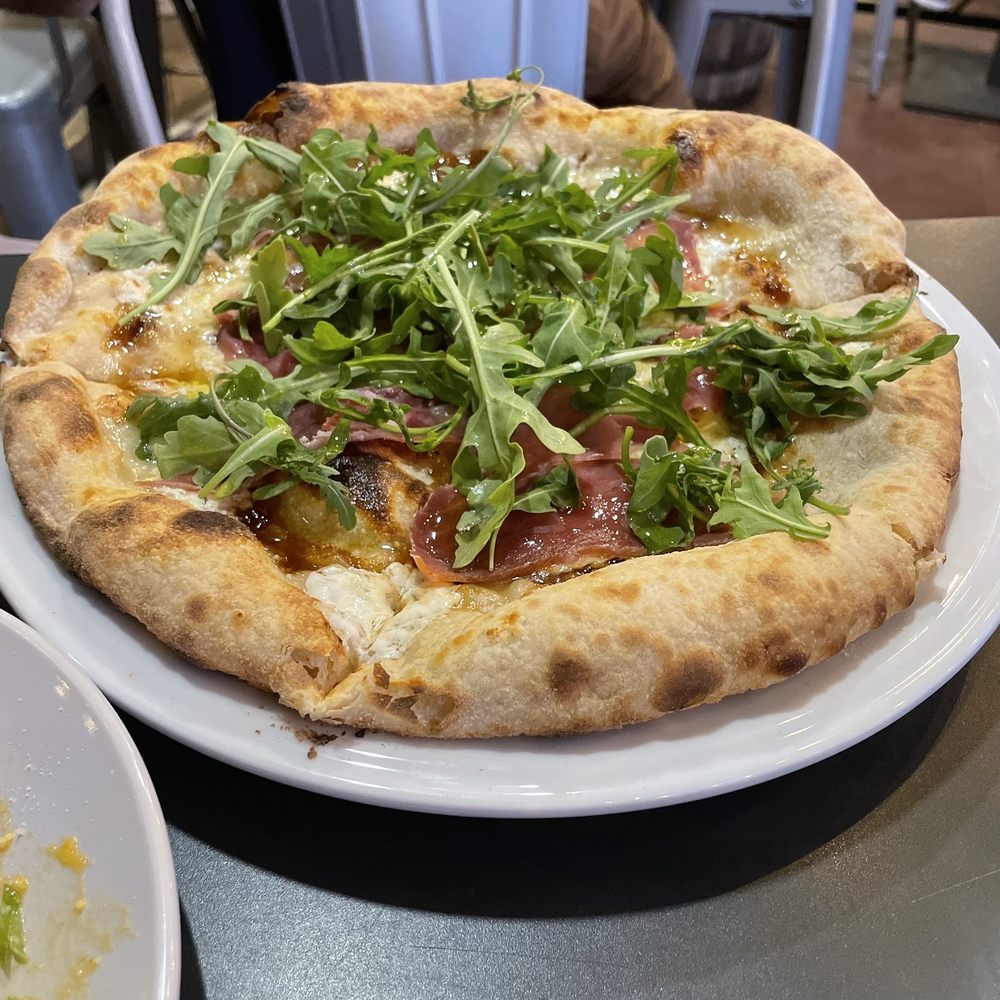 a pizza on a white plate