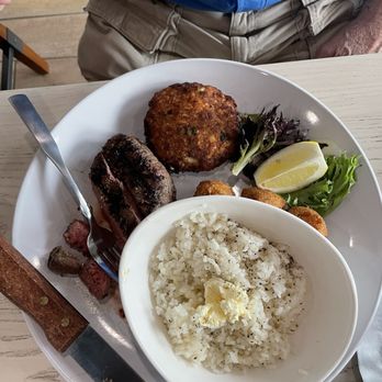 Hooked Seafood & Raw Bar - Surf & turf (steak & crabcake) with rice - Seafood Near Me - Mechanicsville, Virginia Hooked Seafood & Raw Bar - Surf & turf (steak & crabcake) with rice - Seafood Near Me - Mechanicsville, Virginia