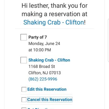Shaking Crab - Clifton - proof or my reservation!!! - Seafood Near Me - Clifton, New Jersey Shaking Crab - Clifton - proof or my reservation!!! - Seafood Near Me - Clifton, New Jersey
