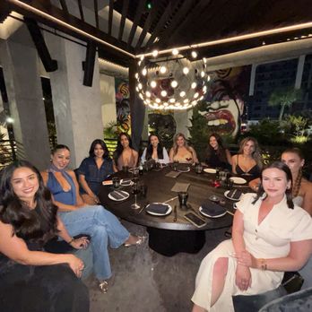 Shiso - Ten women sit around a round table on a rooftop or outdoor terrace at night, with modern decor and graffiti art in the background. - Cocktail Bars Near Me - Miami, Florida