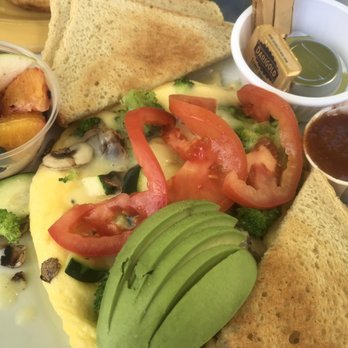 Rutabegorz - Veggie scramble with sourdough toast and red pesto sauce plus fruit - Wraps Near Me - Orange, California
