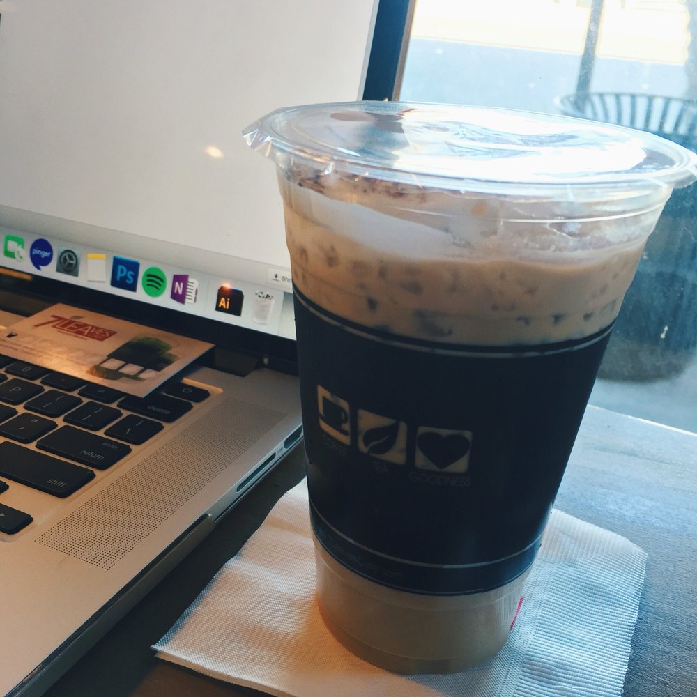 7 Leaves Cafe - My drink + Stamp Card + Laptop for studying - Coffee & Tea Near Me - Cypress, California