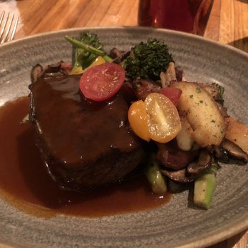 Husk - TN Striploin Farro Piccolo, Roasted Mushroom Jus, Sweet Potatoes, Grilled Brassicas, Bacon Vinaigrette - American Near Me - Charleston, South Carolina
