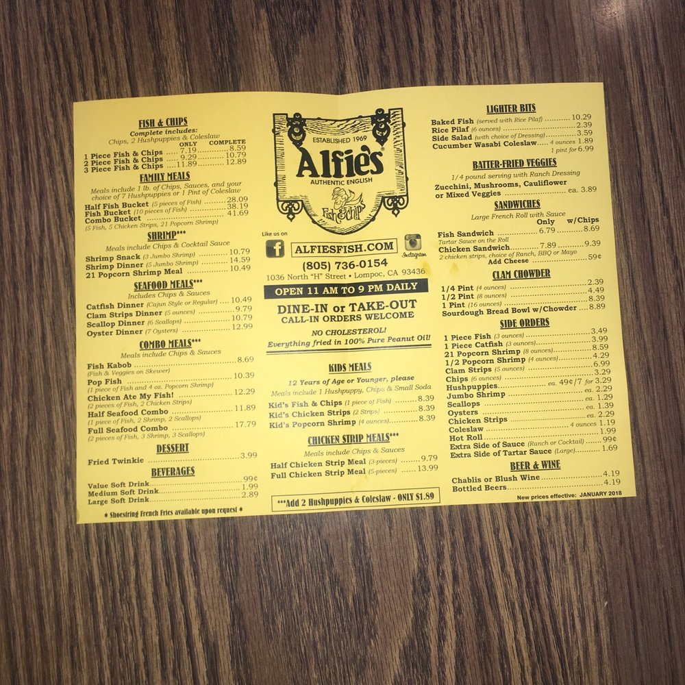 Alfie's Fish & Chips - Menu flyer as of 3-1-18 - Fish & Chips Near Me - Lompoc, California Alfie's Fish & Chips - Menu flyer as of 3-1-18 - Fish & Chips Near Me - Lompoc, California